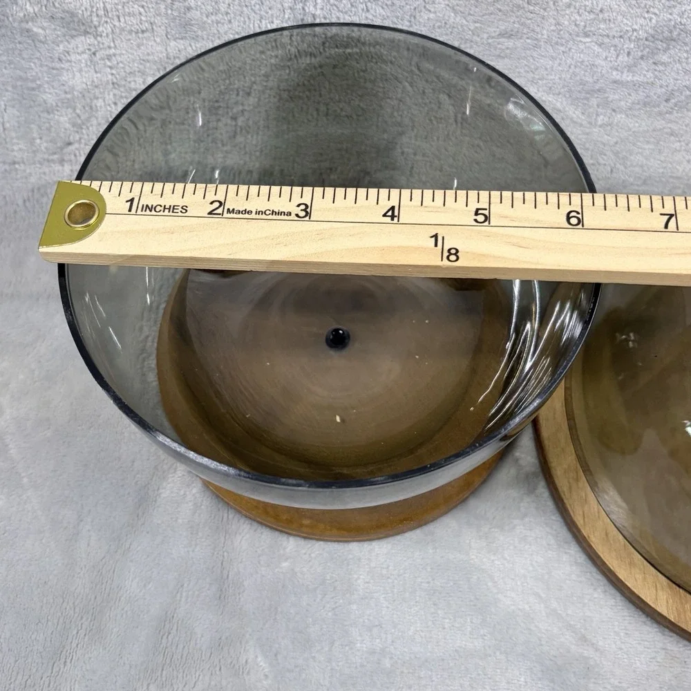 Vintage MCM Smoked Plastic Dome Cloche Wood Pedestal Cheese Server Bowl 8.5